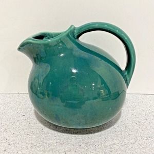 Vintage USA Art Pottery Tilted Ball Pitcher w/ Ice Lip Green Glazed 1950's Mod